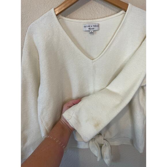 Texture & Thread Madewell Cream Ribbed V Neck Long Sleeve Tie Front Cotton Top M - Picture 2 of 10